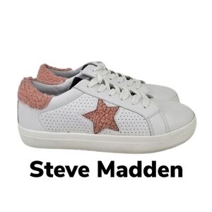 Steve Madden Stared Faux White Leather Faux Pink Sherling Sneaker Sz 7.5M